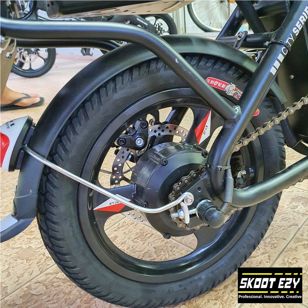 For that smooth ride, a 14 by 2.125-inch tire attached well to an Eco Drive Mini electric bicycle. Allow it to work hard for you while you ride or deliver your goods, giving you peace of mind. For that smooth ride, a 14 by 2.125-inch tire attached well to an Eco Drive Mini electric bicycle. Allow it to work hard for you while you ride or deliver your goods, giving you peace of mind