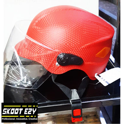 This red half helmet is made from Acrylonitrile Butadiene Styrene (ABS) impact resistant thermoplastic. The ABS material is an excellent choice for a helmet because it can withstand extreme temperatures without warping or cracking.