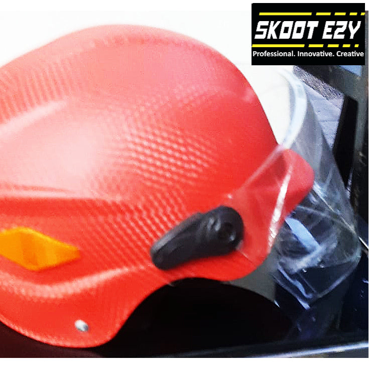 This red half helmet is made from Acrylonitrile Butadiene Styrene (ABS) impact resistant thermoplastic. The ABS material is an excellent choice for a helmet because it can withstand extreme temperatures without warping or cracking.