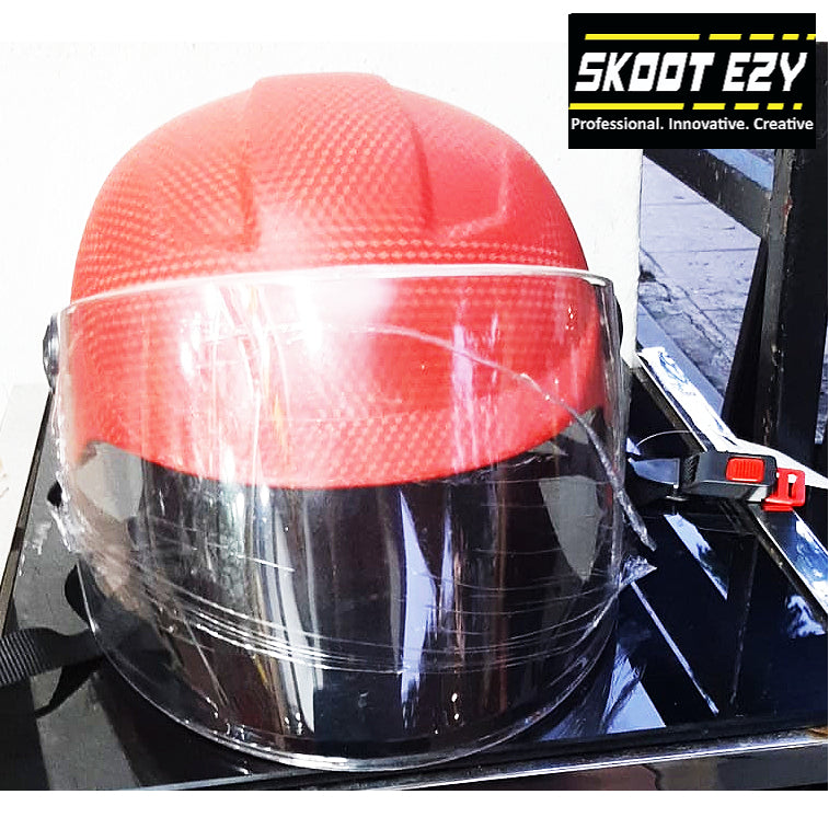 This red half helmet is made from Acrylonitrile Butadiene Styrene (ABS) impact resistant thermoplastic. The ABS material is an excellent choice for a helmet because it can withstand extreme temperatures without warping or cracking.