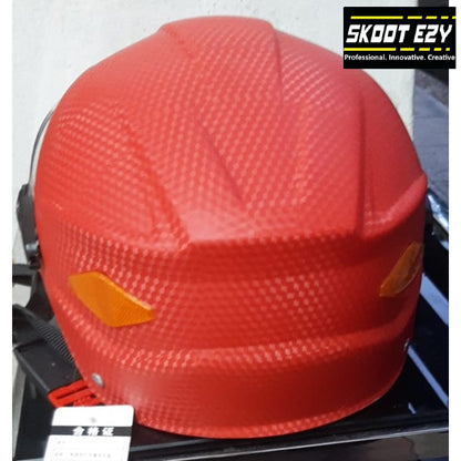 This red half helmet is made from Acrylonitrile Butadiene Styrene (ABS) impact resistant thermoplastic. The ABS material is an excellent choice for a helmet because it can withstand extreme temperatures without warping or cracking.
