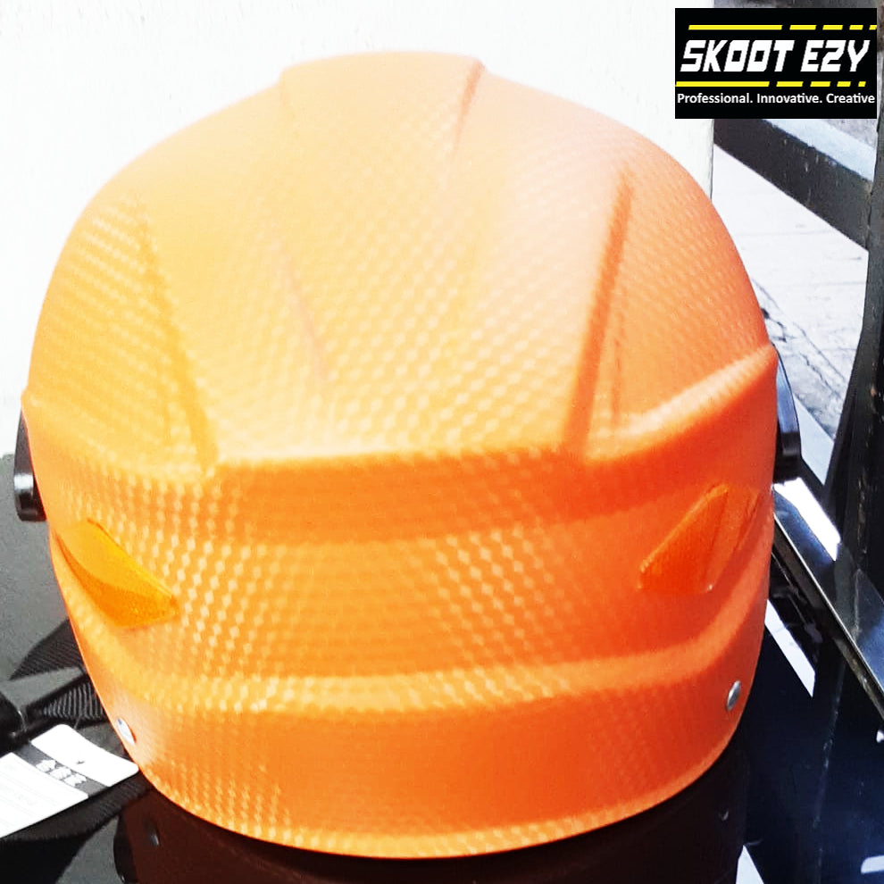 This orange half helmet is made from Acrylonitrile Butadiene Styrene (ABS) impact resistant thermoplastic. The ABS material is an excellent choice for a helmet because it can withstand extreme temperatures without warping or cracking.