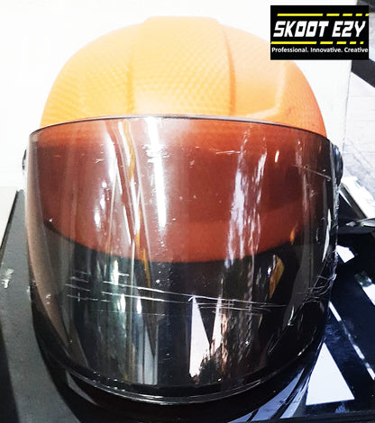 This orange half helmet is made from Acrylonitrile Butadiene Styrene (ABS) impact resistant thermoplastic. The ABS material is an excellent choice for a helmet because it can withstand extreme temperatures without warping or cracking.